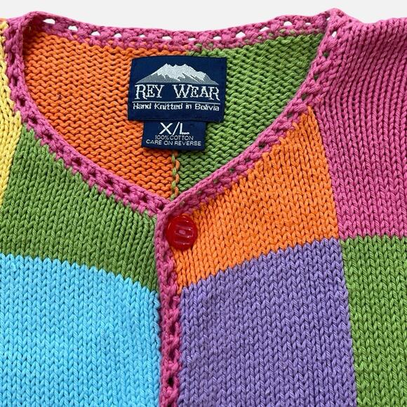 Rey Wear Colorblock Cardigan Sweater Womens XL Hand Knit Bolivia Cotton Buttons - Picture 3 of 11